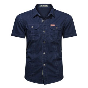 Camisa retro lavada antiarrugas con patrón liso de verano al por mayor para hombre de algodón de manga corta informal con cierre de botón cubierto - Product Image 4