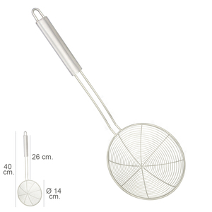 Skimmer in filo metallico, acciaio inossidabile, diametro 14 cm. Manico rotondo, diametro 26 cm. - Product Image 1