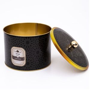 Mango de perilla de patrón geométrico dorado 175x130mm Recipiente redondo de metal para almacenamiento de alimentos Fondo negro - Product Image 2