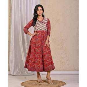 Vestido indio rojo Jaal Jaipuri estampado, Angrakha largo de algodón, Choli con Lehenga y Salwar, estilo Bollywood, Saree - Product Image 3