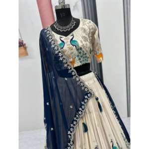 Peacock Print <b>Tissue</b> Silk Lehenga Blouse Choli Drawstring Heavy Tassels Stitched With Canvas and Can Can Georgette Dupatta - Product Image 1