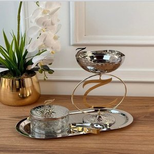 Elegance Design Stainless Steel Metal Polished Gold Arabic Letter Design <b>Bukhoor</b> <b>Burner</b> Set - Product Image 2