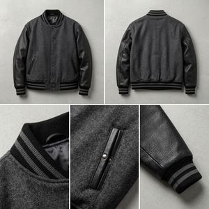 แจ็คเก็ตหนังสีดำแบบกำหนดเอง แจ็คเก็ต Letterman แขนหนัง ตัวเสื้อทำจากผ้าขนสัตว์ แจ็คเก็ตสไตล์ Bomber แนวสตรีทแวร์ คอเสื้อถักแบบริบ ผู้ผลิต OEM ODM จากสหรัฐอเมริกา - Product Image 5