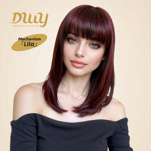 Lila-DWY 14 Inches Burgundy Glueless Machine Made Synthetic <b>Wig</b> with Bangs Mid-Length Straight for Sleek Modern Look for Women - Product Image 1