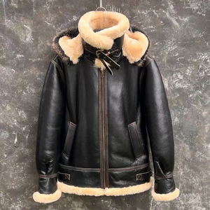 Veste bomber pilote en cuir d'agneau véritable pour homme, taille XS, mode hiver 2025, doublure en laine épaisse, capuche en fourrure véritable - Product Image 1