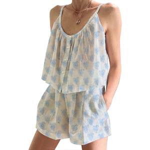 Conjunto de Pijama Corto con Mangas con Volantes Estilo Boho Hippie para Mujer, Algodón Indio, Primavera/Verano, Floral, Ajustado, con Tirantes, Sin Mangas - Product Image 1