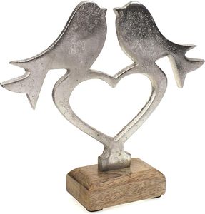 Decorative Figurine <b>Birds</b> on Heart 17 cm Mango Wood Base Solid Natural Brown Metal Aluminium Silver <b>Bird</b> <b>Stand</b> Spring Summer - Product Image 1