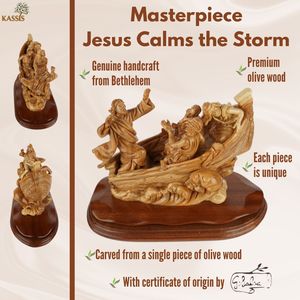 Escultura de Jesús Calmando la Tormenta en un Bote, Tallada a Mano en Madera de Olivo, 36 cm, Figura Religiosa Cristiana Hecha a Mano en Belén - Product Image 5