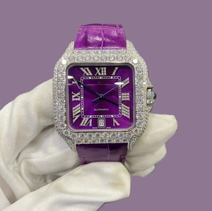 Reloj de Lujo de Alta Calidad con Diamantes Moissanite VVS, Estilo Hip Hop, Esfera Morada Completamente Adornada, Correa de Goma Morada - Product Image 1