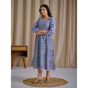 Vestido Anarkali Azul Estampado a Mano en Algodón, Ropa Americana - Product Image 4