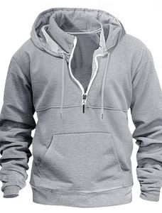 Men's Gray Digital Printing Winter Quarter <b>Zip</b> Pullover <b>Hooded</b> Sweatshirt Loose Fit Fleece with Pocket for Casual Outdoor Wear - Product Image 1