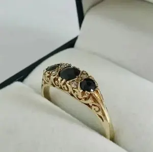 Anillo de Bodas de moissanita de Diamante Negro simulado redondo de 2,40 quilates Vintage anillos finos chapados en oro amarillo de 14K - Product Image 2