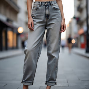 กางเกงยีนส์เอวสูงลำลองมีกระดุมเอวสูงสำหรับผู้หญิงกางเกงผ้ายีนส์ทรงหลวมขายาว - Product Image 5