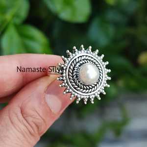 Handmade 925 Sterling <b>Silver</b> Boho <b>Statement</b> <b>Ring</b> Freshwater Pearl Jewelry Gift for Women on Valentine's Day - Product Image 5