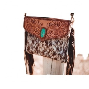 Unique High Quality Bohemian Fashion Two Straps Zip Closure Hair Leather Floral Tooled Crossbody Sling <b>Bag</b> Western <b>Long</b> Tassel - Product Image 1