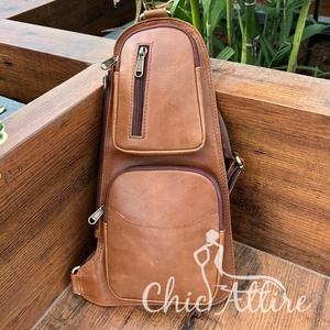 <b>Men's</b> Business Full Grain Genuine Leather Chest <b>Bag</b> Vintage Cowhide Leather Cycling Sports Crossbody <b>Bag</b> Casual Sling <b>Bag</b> - Product Image 1