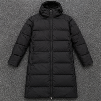 Veste d'hiver décontractée pour homme, longue, à capuche, style bomber, rembourrée en duvet, coupe-vent, avec logo sur le devant, noire, en polyester, fermeture éclair