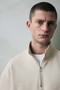 Sweat-shirt zippé coupe ample coton et polyester fade beige clair à manches longues col montant T-shirts à épaules tombantes pour homme - Product Image 3