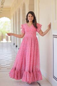 ชุดเดรสผ้าจอร์เจตต์ลายดอกไม้ปักลูกปัด แขนกระดิ่ง แห้งเร็ว เหมาะสำหรับงานเลี้ยงยาวๆ งานแต่งงานแบบอินเดีย - Product Image 3