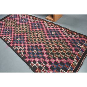 Alfombra turca hecha a mano de Jacquard de lana étnica negra de 4,6x11,1 pies, retales abstractos para dormitorio, diseño de pasillo Rectangular, látex - Product Image 4