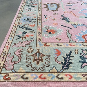 Modern Handwoven Turkish <b>Wool</b> Oushak Rug Soft Pink & Green/<b>Yellow</b> Tones Multiple Sizes (9x12 10x14) Bedroom/Living Room - Product Image 2