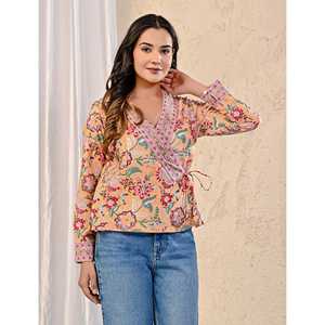 Top de Chifón con Bordado Floral Pastel, Decoración Lateral con Dori y Estampado Jaal a Mano, Asimétrico, Largo, para Fiestas Formales, Talla XL - Product Image 6