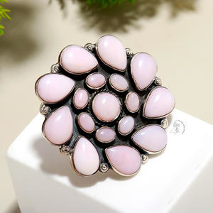 Bague réglable en argent sterling faite à la main avec une pierre précieuse opale rose ovale taillée en pierre naturelle serti de lunette pour les mariages et les fêtes - Product Image 4