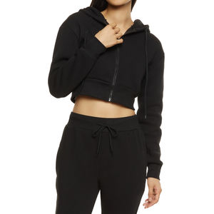 Ensemble deux pièces pour femme, haut court zippé style motard, manches longues à capuche, en coton, vêtement de détente décontracté, jogging d'hiver, lettres brodées - Product Image 1