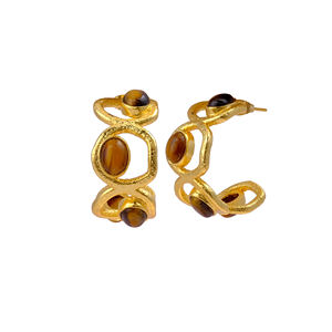 Boucles d'oreilles cabochon en laiton bohème à la mode en oeil de tigre naturel fait à la main pour femmes - Product Image 1