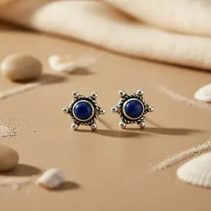 925 <b>Silver</b> <b>Stud</b> <b>Earrings</b> with Lapis Lazuli Gemstone Cute Gold Diamond Jewelry for Women for Wedding Engagement Anniversary Party - Product Image 1