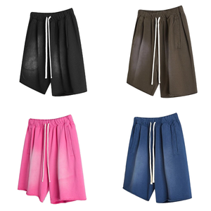 Short d'été délavé à l'acide pour hommes 100% coton imprimé graphique vieilli Short de survêtement motif vintage broderie Applique - Product Image 6