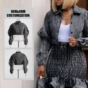 Chaquetas cortas personalizadas para mujer, vaqueros de manga larga, vaqueros, cortavientos, técnicas de lavado con botones, tops vaqueros para mujer - Product Image 5