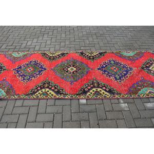 Alfombra Turca de 3.5x11.9 pies (106x364 cm), Alfombra Vintage con Cuadros Rojos - Product Image 3