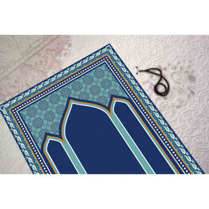 Alfombra de Oración Islámica Azul: Elegante Decoración para Mezquita, Alfombra Estampada, con Pelo Suave - Product Image 3