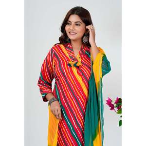 ชุดคุรตะลายทางสไตล์บันดานี พร้อมผ้าคลุมไหล่สองสีและลวดลายสดใส - Product Image 5