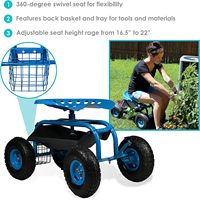 Carrito de taller con asiento rodante de acero, carro de jardín con asa de dirección, asiento