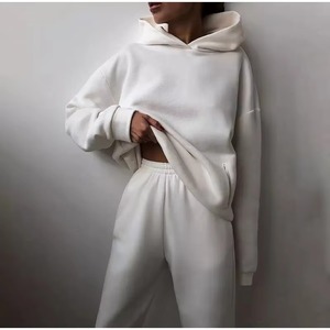 Poids lourd Logo personnalisé femmes Drop Shoulder 2 pièces ensemble joggers pantalon sweat-shirt avec pantalons de survêtement sweats à capuche vierges surdimensionné - Product Image 1
