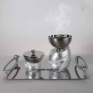 Mabkhara chapado en oro con soporte de diseño de forma frondosa Oriente Medio árabe aromático decoración del hogar Juego de quemador de incienso de Metal - Product Image 6