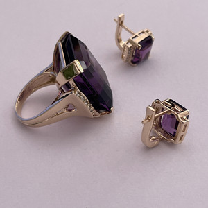 Geometric <b>Emerald</b> Cut Diamond <b>Stud</b> Earrings with Amethyst Elegant Set - Product Image 5