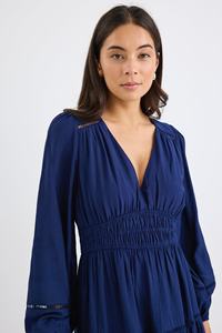 Robe longue marine à manches longues de Style bohème à manches longues 100% tissu rayonne robe de vacances femmes col en V décontracté dames robe pour les femmes - Product Image 3