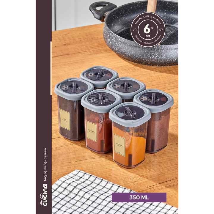 Set of 6 Spice Jars with Label and Lockable Airtight Lid 350 Ml - Spice Container Anthracite