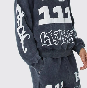 Écusson de broderie personnalisé pour hommes en détresse Ensemble de survêtement Streetwear Sweat à capuche délavé à l'acide et pantalon de survêtement - Product Image 5