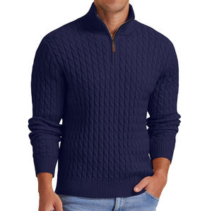 Fabricant de pulls tricotés de couleur unie pour hommes tricots à quart de fermeture éclair vente en gros de chandail d'affaires en tricot torsadé épais côtelé 12GG - Product Image 2