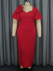 <span class=keywords><strong>Abito</strong></span> da sera con fessura laterale con fiocco asimmetrico con manica a volant rossa per natale - Product Image 4