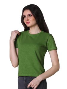 Compre Camisetas de Mujer con MOQ Bajo, Ropa Casual, Cuello Redondo, Camiseta Básica de Manga Corta, Color Verde Sólido Teñido, Camiseta con Cuello Redondo para Verano - Product Image 1