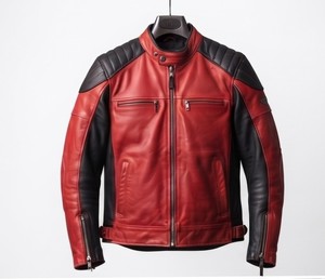 Custom <b>Leather</b> Men <b>Jacket</b> Motorcycle Style Biker Coat Red Black Patchwork Full Sleeve Outerwear - Product Image 3