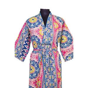 Eco Friendly Vintage Floral Colorful 100% Cotton <b>Long</b> Women <b>Kimono</b> Kantha Winter <b>Robe</b> Fabric Ethnic Traditional Indian Handmade - Product Image 3
