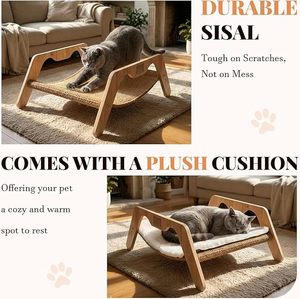 Lit-griffoir 2-en-1 pour chat, surélevé, en bois et peluche, avec tapis griffoir en sisal amovible et lavable, pour usage intérieur/extérieur, mobilier pour chat - Product Image 2