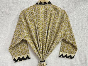 Albornoz de algodón con estampado de bloques hecho a mano para mujer, ropa de dormir larga de verano, cubierta de playa, dama de honor, cintura de novia Natural - Product Image 3