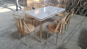 Modern Marble Top <b>Dining</b> <b>Table</b> Set with Gold Frame and Slat Back Chairs 6 Piece - Product Image 4